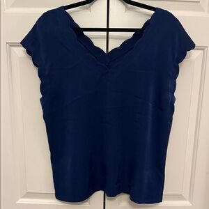 Express Scalloped V-Neck Blouse in Navy Blue